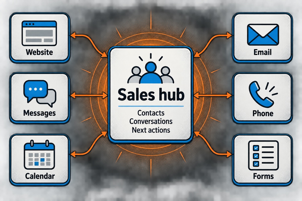 Website, email, messages, phone, calendar and forms connect to one sales hub for contacts, conversations and next actions.